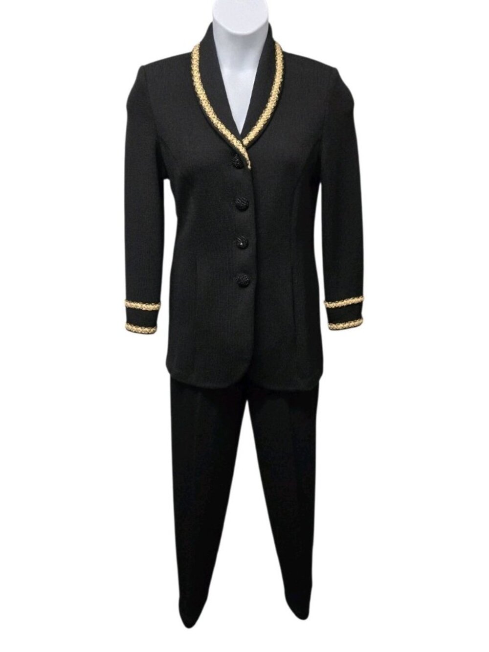 St. John Evening Wool Blend Knit 2 Pc Pant Suit Blazer 8 Pants 6 Black Gold